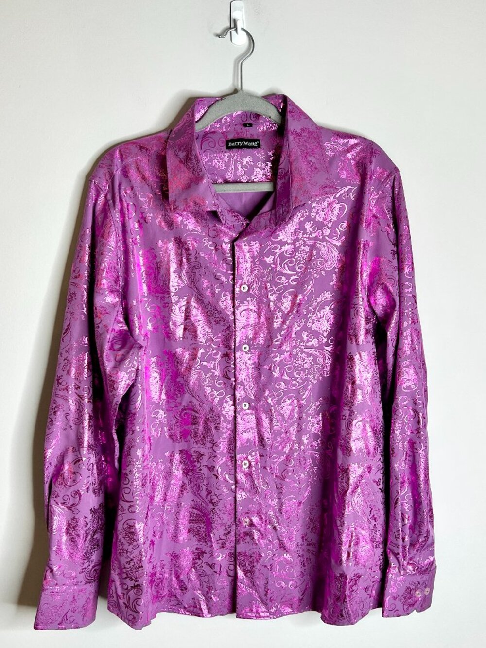 Barry.Wang Vibrant Magenta Paisley Print Men's Button Down Shiny Jacquard Sz L